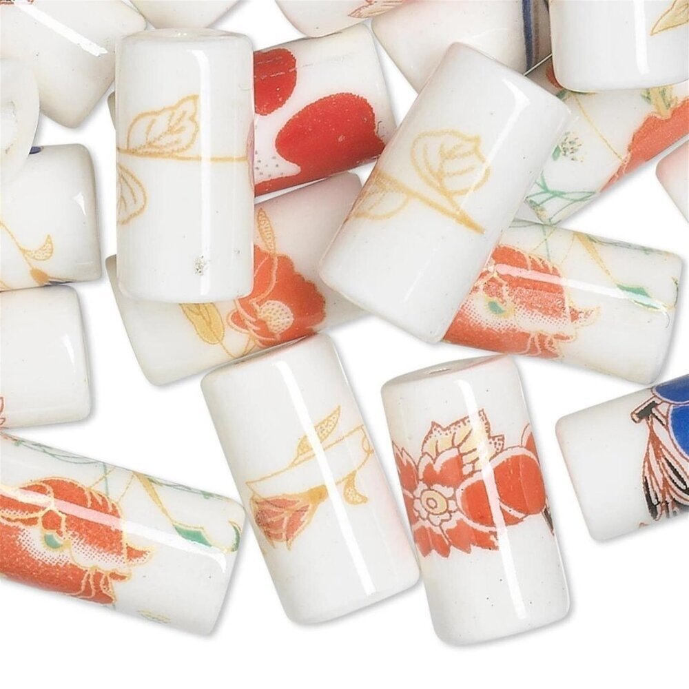Vintage Glazed Porcelain Mixed Color Flower Designs Round Tube Beads 10 pcs